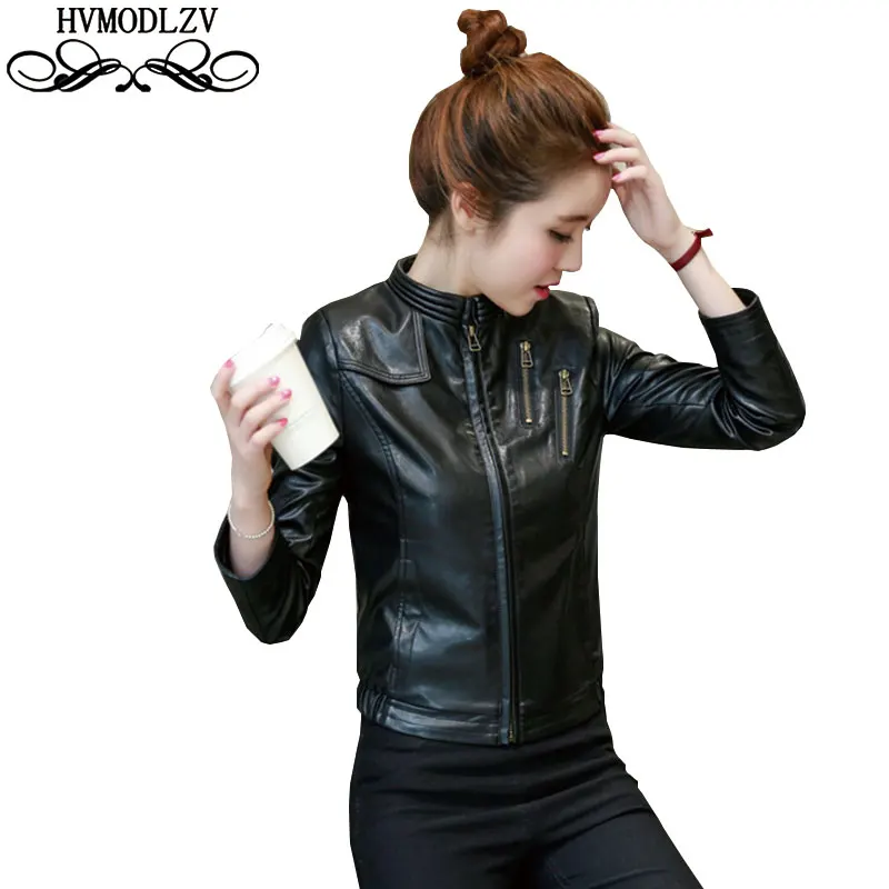 Осенняя женская кожаная куртка новинка 2017 тонкая мотоциклетная черная крутая