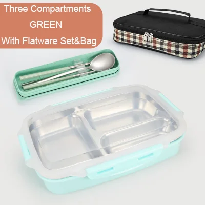 Green 3 Flatware Bag GLANYOMI 304 Ланч-бокс из нержавеющей стали с отделениями, бэнто-бокс для детей, школьников, пикников, контейнер для еды - Цвет: Green 3 Flatware Bag