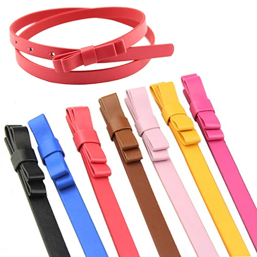 

Women PU Leather Belts Candy Color Thin Skinny Waistband Adjustable Belt 2 Layers Bowknot Dress Strap cinturon mujer