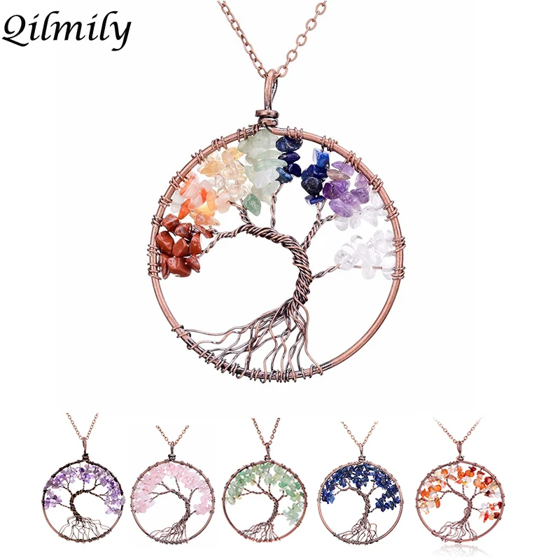 

Qilmily 7 Chakra Tree Of Life Pendant Necklaces for women men Copper Natural Stone Crystal Quartz Pendants Gifts Souvenirs Hot