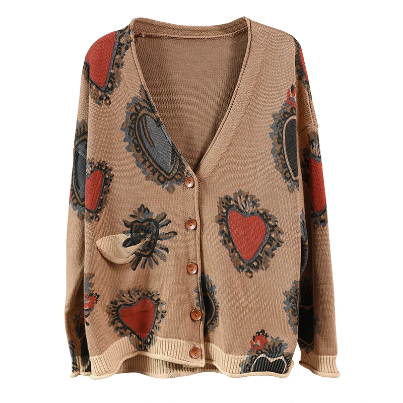 Autumn Winter Sweater Women Retro Loose Knitting jackets 2019 New Female Tops V-Neck Button Print Casual Coat |