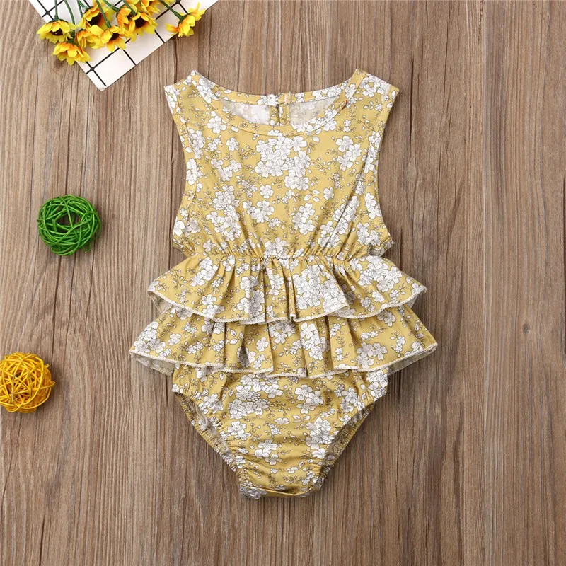 

0-24M Newborn Kids Baby Clothes Sleeveless Summer Ruffles Floral Bodysuit Elegant Cute Pincess Lovely Sunsuit Outfits
