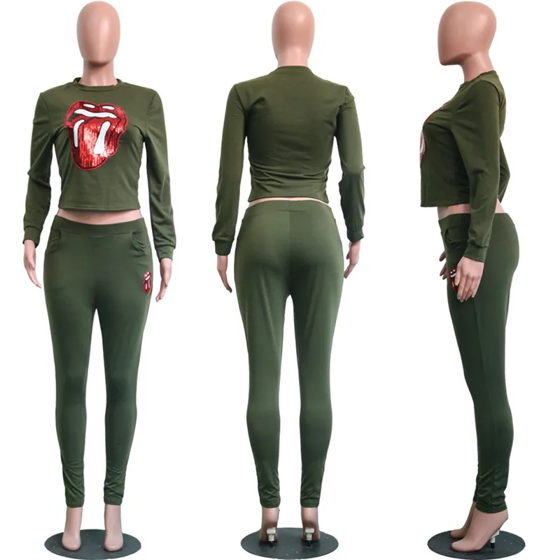 Sequined Red Lips Pattern Fashion Women Set Casual O Neck Long Sleeve Tops Elastic Waist Skinny Leggings Suit Two Pieces Online | Женские