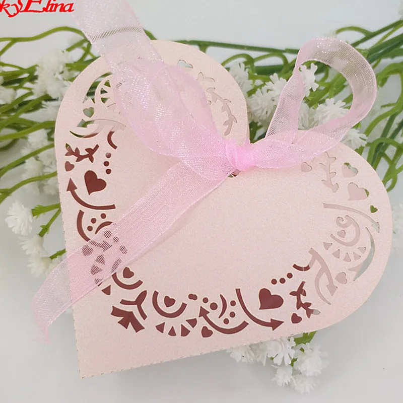 Pink 10/50 шт в форме сердца, для конфет коробки Лазерная резка коробочки для драже сувениры подарок коробка сладостей с резиновый детский душ свадебные принадлежности 5z - Цвет: Pink