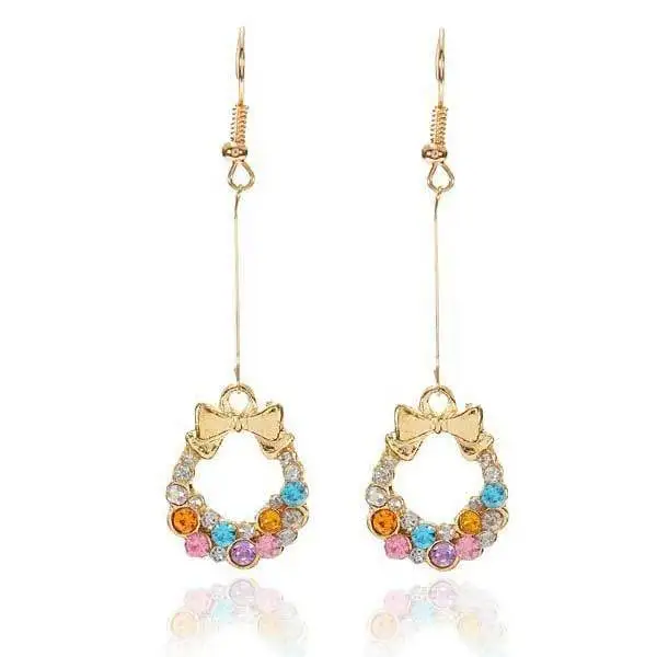 Coconut Multicolor Rhinestone Wreath Bowknot Earrings Gold Plated Ear Drop|earrings tassel|earring ukearring shelf |