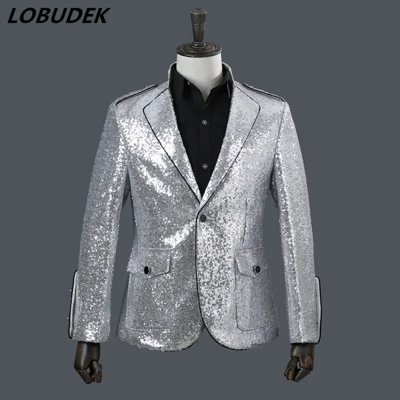 

Silver Sequins Jacket Male Slim Coat DJ Singer Stage Costume Prom Host Glitter Outerwear Vocal Concert Performance Clothes