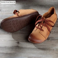 whensinger women flat shoes comfortable driving shoes ventilation round toe loafers genuine leather casual tie flats shoe