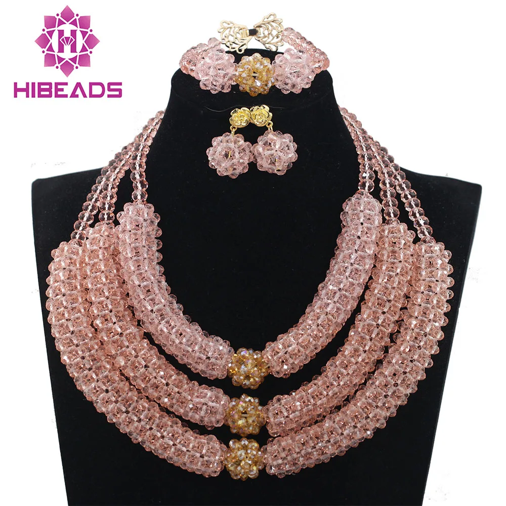Отличный 3 слойный персиковый хрусталь нагрудник массивное ожерелье набор