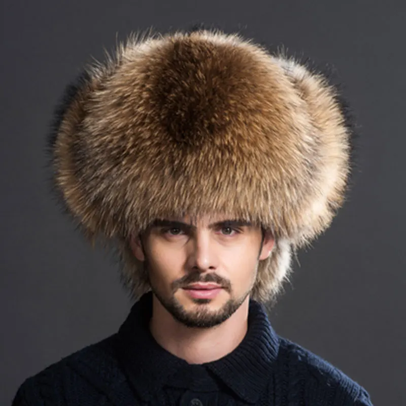 Men Raccoon Fur Hats Fox Fur Leather Bomber Caps Silver Fox Fur Male Lei Feng Bomber Hat For Middle-Aged  Leather Ear Flaps Hats
