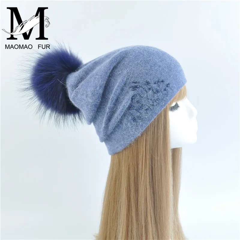 Зимние Для женщин меховой шарик Кепки реальный помпон зимняя шапка женский