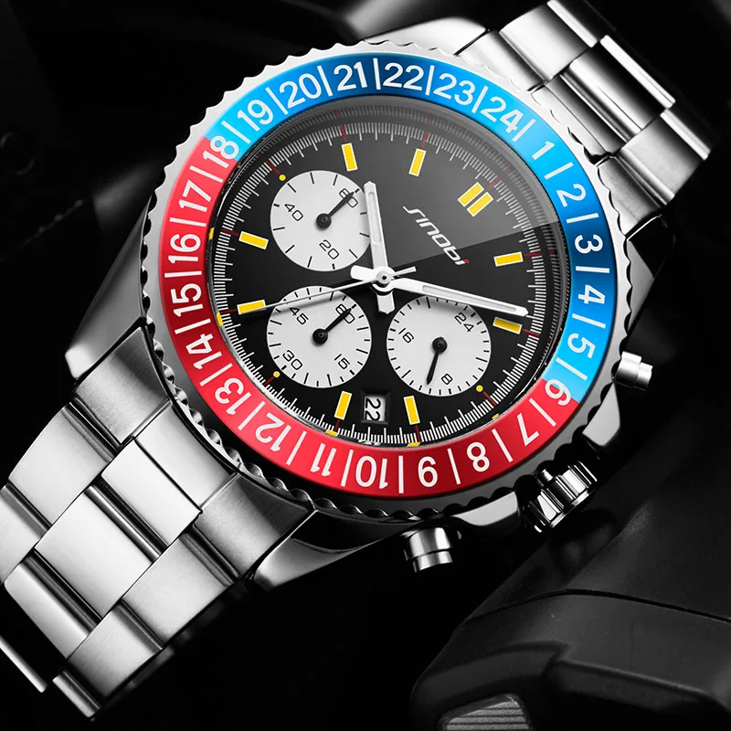 Фото SINOBI часы мужские стальные деловые кварцевые лучший бренд Роскошные вращающиеся