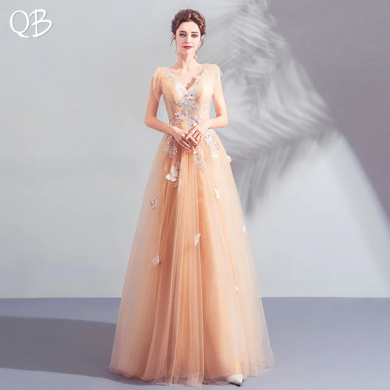 

Orange A-line V-neck Tulle Lace Appliques Elegant Formal Evening Dresses 2020 New Fashion Bride Party Prom Dress XK203