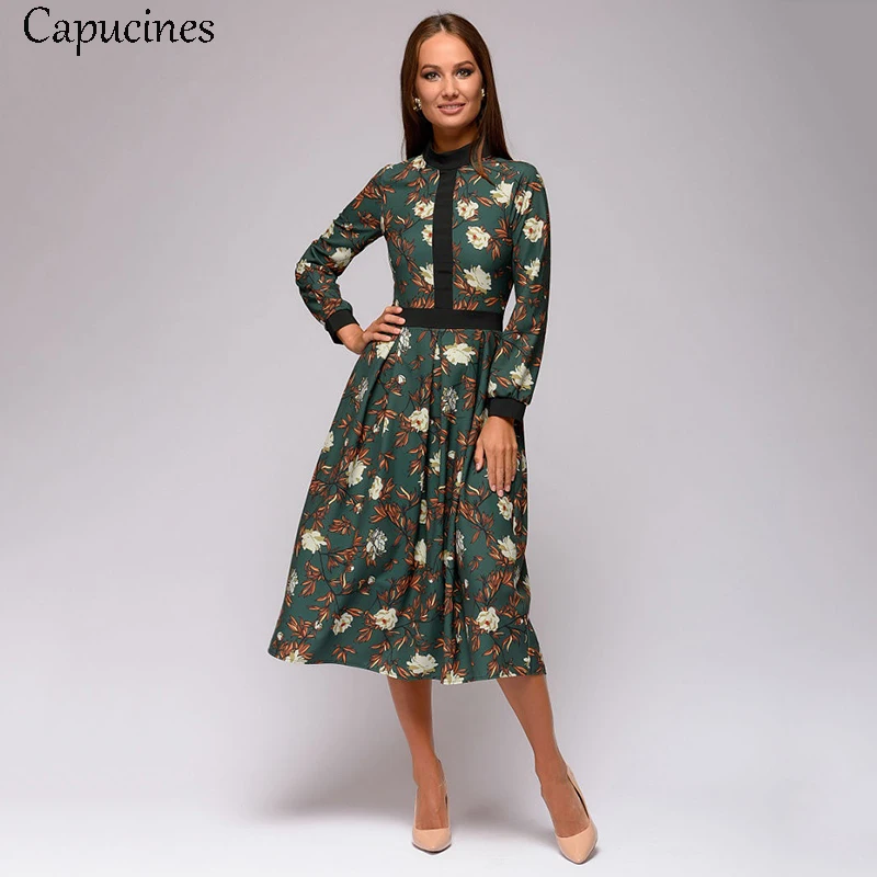 женское напечатанный винтажное платье пэчворк Длинные рукова осень О-образный