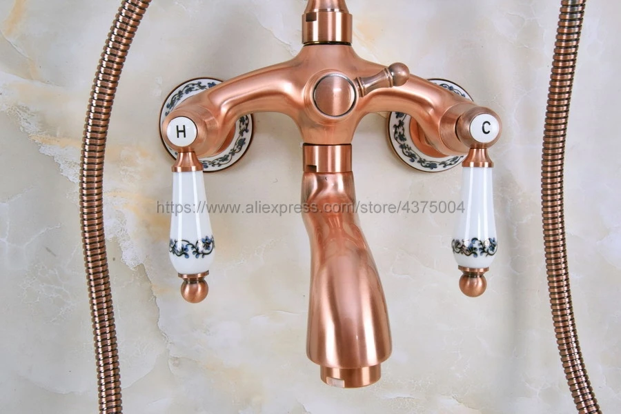 Античный красный медный настенный смеситель для ванной комнаты Clawfoot и ручной душ
