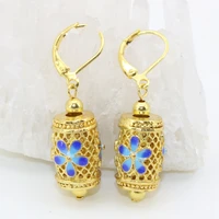 high grade carved flower cloisonnefree shipping charms gold color 1116mm barrel hollow dangle drop earrings jewelry b2641