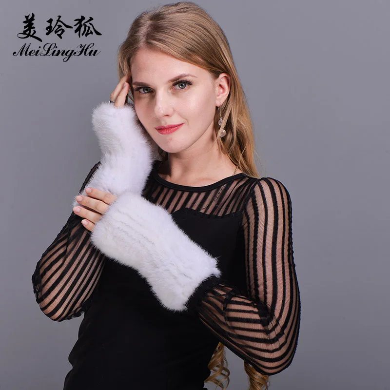 Knitted Women Real Mink Fur Gloves Thick Warm Winter Glove New 2017 Fashion Female Solid Fingerless | Аксессуары для одежды