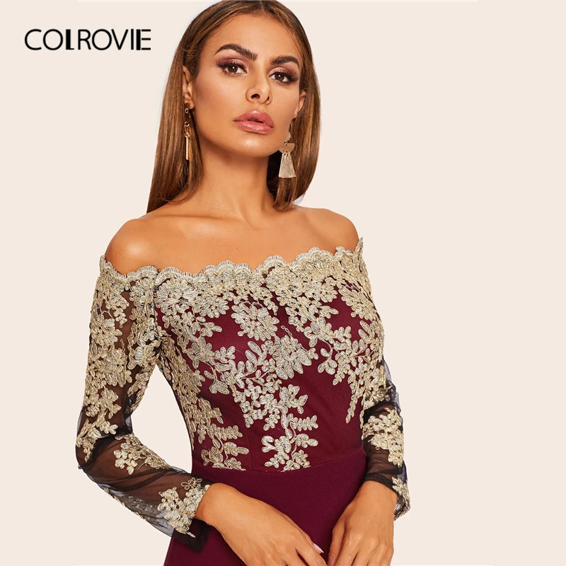COLROVIE Бургундия с открытыми плечами кружева вышитые гребешок Bodycon Элегантный мини платье женское с длинным рукавом платья для вечеринок