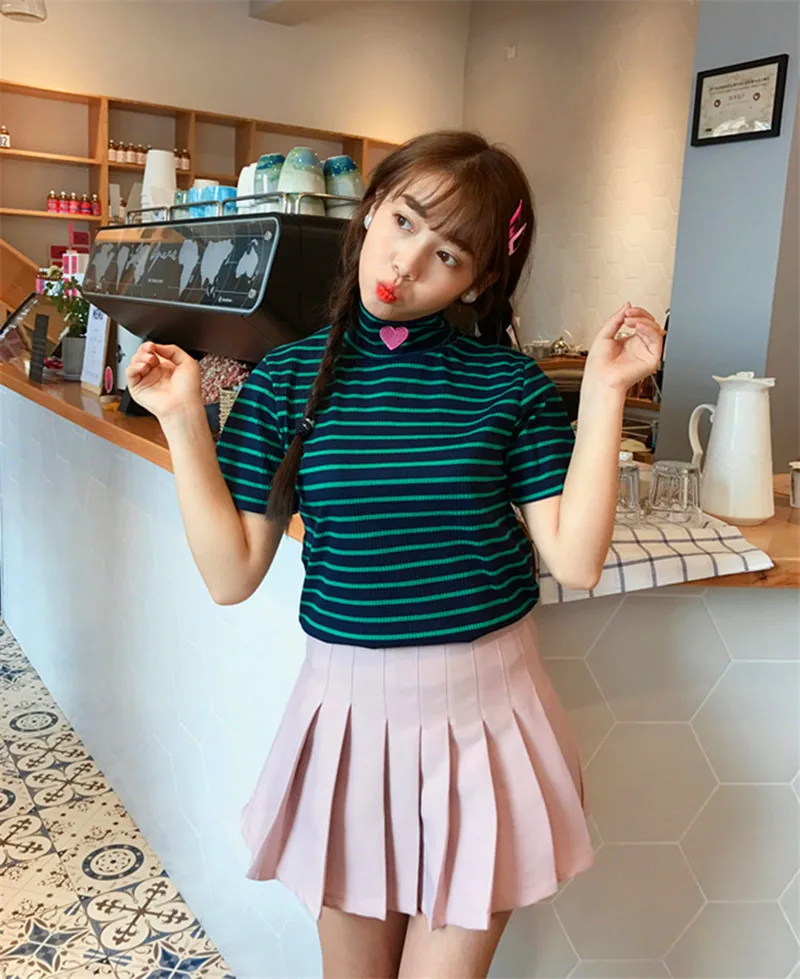 Женская футболка в Корейском стиле Harajuku Ulzzang тонкая полоску с вышивкой Love
