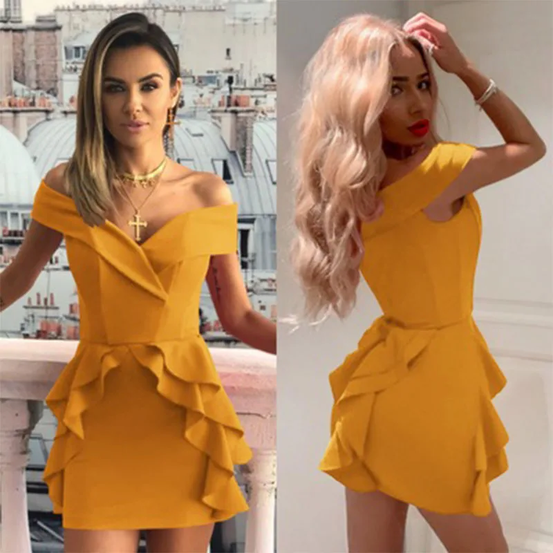 2019 Новое однотонное женское короткое платье с вырезом-лодочкой сексуальные