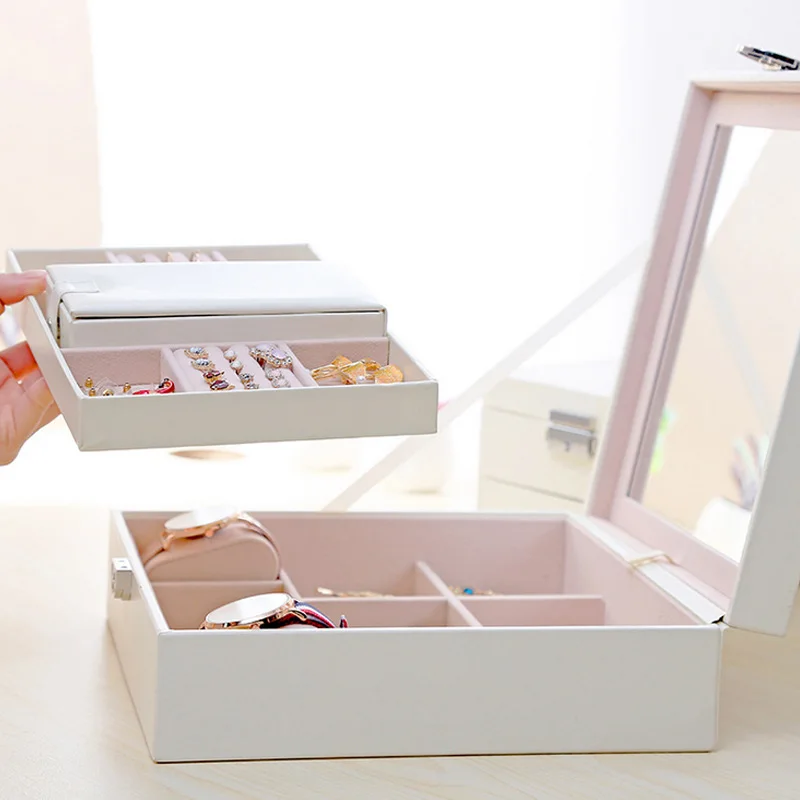 Large Capacity Leather Jewelry Box Exquisite Necklace Ring Bracelet Watch Holders With Mirror Fashion Birthday Wedding Gift Box