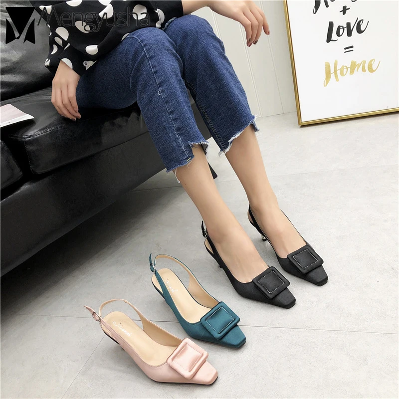 Sandalias Mujer/2019 г. Новые атласная квадратной пряжкой Стилет на высокий каблук