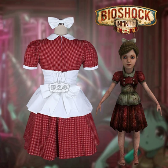 Аниме! BioShock Infinite маленькая сестра красный горошек платье горничной красивая форма косплей костюм на хэллоуин