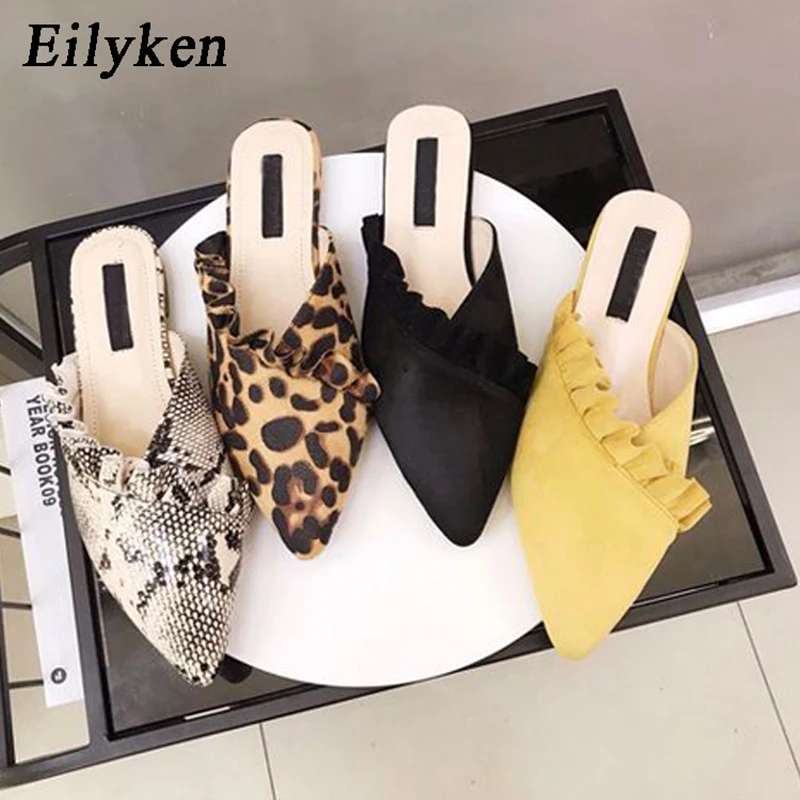Eilyken; Новинка; модные туфли без задника из флока с острым носком и оборками; женские тапочки; сезон весна-лето; шлепанцы на плоской подошве