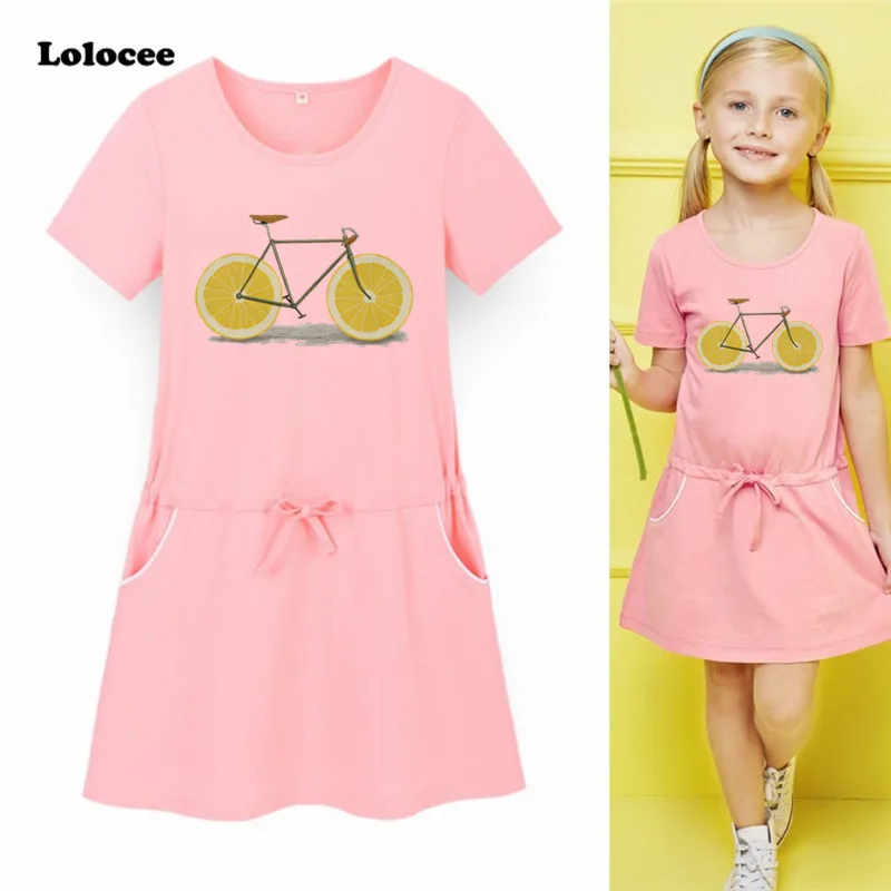 Fashion Design 3-13y Girls Dress Cotton Cute Lemon Bicycle Print Baby 2018 Summer Brand New Kids Clothing | Детская одежда и обувь
