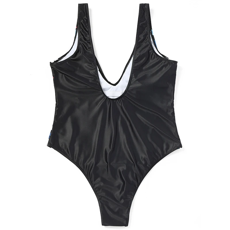 Sexy Deep Plunge V Neck Black Floral Bathing Suit Monokini High Cut Thong Big Large Plus Size Swimwear Women One Piece Swimsuit | Спорт и