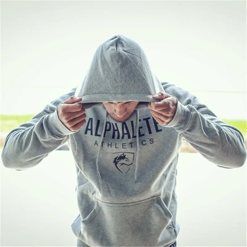 Gray ALPHALETE, мужские толстовки для тренажерного зала, для тренажерного зала, для фитнеса, бодибилдинга, толстовка, пуловер, Спортивная мужская куртка с капюшоном для тренировок, одежда - Цвет: Gray