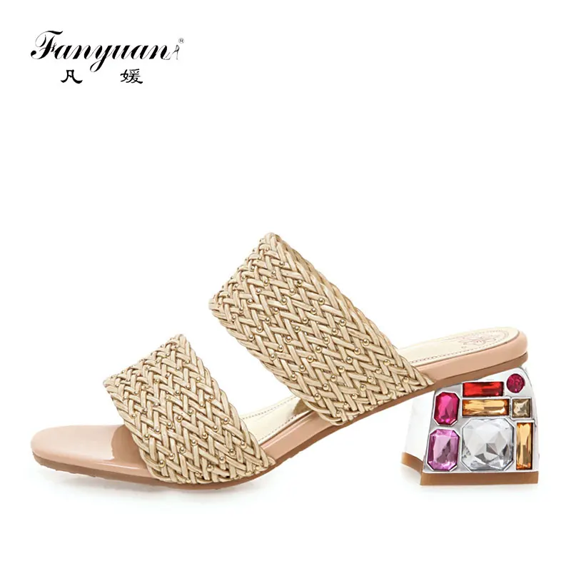 

Fanyuan/модные элегантные шлепанцы с закрытым носком; Летняя обувь на высоком каблуке со стразами; Простые Универсальные женские шлепанцы; жен...