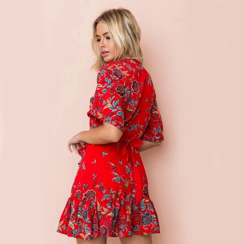 Women dress half sleeve floral red ruffle vestidos mini beach dresses korean fashion summer 2018 womens clothes | Женская одежда