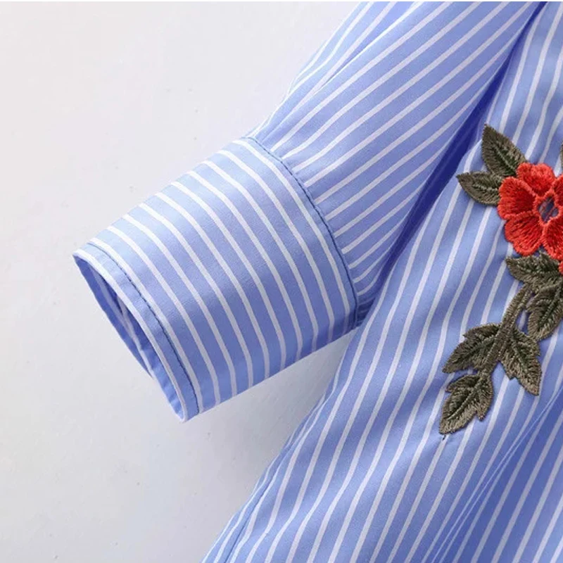 Женские синие блузки с цветочным принтом Повседневная полосатая блузка вышивкой