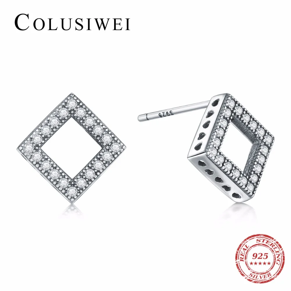 

COLUSIWEI New Arrival Clear CZ 925 Sterling Silver Vintage Square Cute Stud Earrings with CZ Jewelry GIFT Oorbellen Bijoux