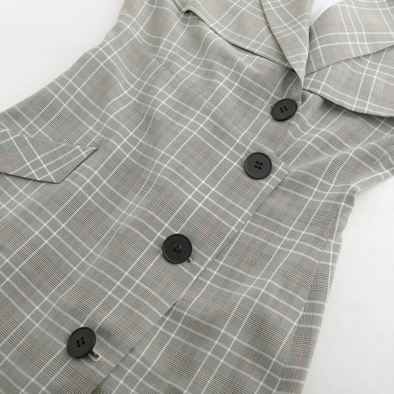 TWOTWINSTYLE Plaid Dress Female V Neck Short Sleeve High Waist Asymmetric Hem Dresses For Women Autumn Vintage Elegant Clothing | Женская