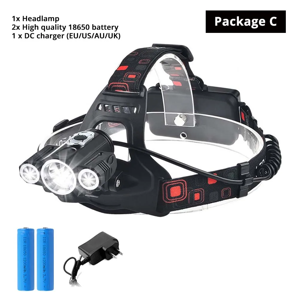 Package C Супер яркий светодиодный налобный фонарь 3 x T6 светодиодный светильник из бисера Водонепроницаемая светодиодная фара 4 режима освещения кемпинг лампа использовать аккумулятор 18650 - Испускаемый цвет: Package C
