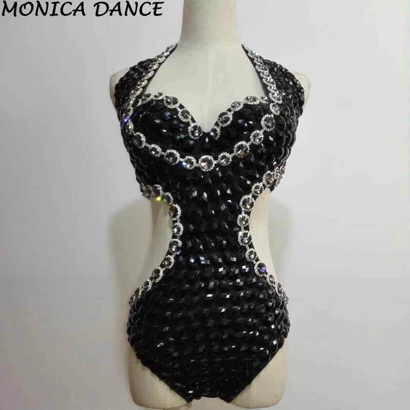 Sexy Stage Sparkly Bodysuit Crystals Costumes One Piece Rhinestones Black Outfit Female Singer Dancer Performance Stage Costumes