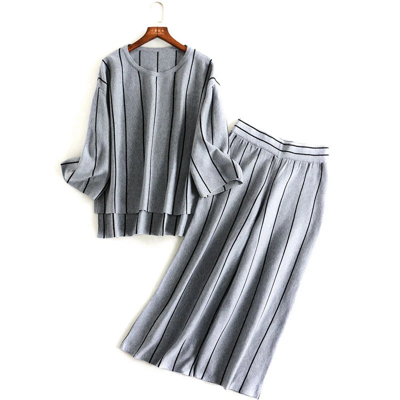 

cotton wool blend knit women fashion striped sweater suits irregular hem pullover wide leg pant 2pcs/set one&over size