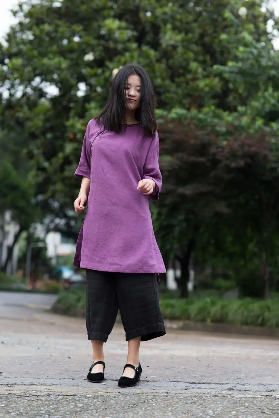 Spring Summer Tea Zen National Style Clothing Half Sleeve Retro Plate Button Shirt Loose Linen Ramie Purple |