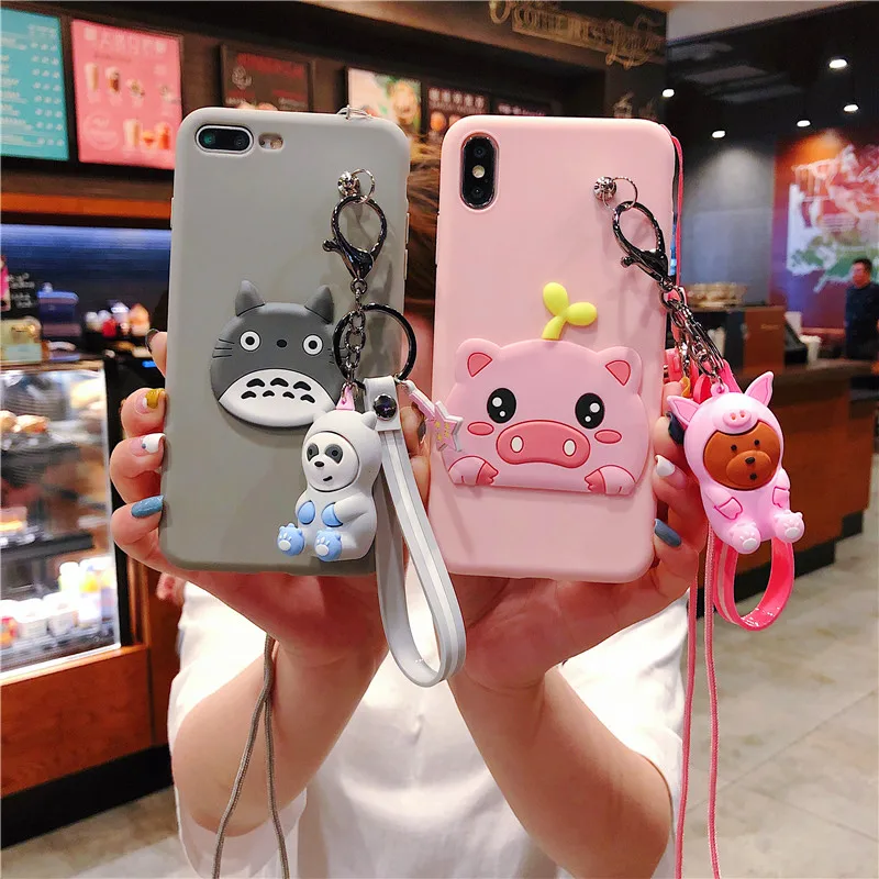 Cute Cartoon Pig Phone Case For iphone X XS Max XR 6 6s 7 8 plus Cover Funny Doll Hang Rope TPU Soft Cases Capa |