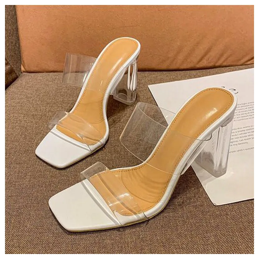 White 6.5 cm Брендовые дизайнерские прозрачные тапочки; женские шлепанцы на высоком каблуке; летняя обувь для вечеринок; женские вьетнамки на прозрачной ленте; шлепанцы на каблуке со стразами - Цвет: White 6.5 cm