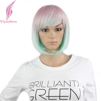 yiyaobess straight light pink green ombre short bob wig with bangs synthetic hair cosplay costume women wigs for party 25cm