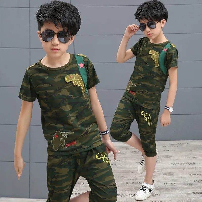 Camouflage Pistol Kid Clothes Cotton Short Sleeve T Shirt Calf-pants Summer Children Outfits Boys Girls Sets Clothing | Детская одежда