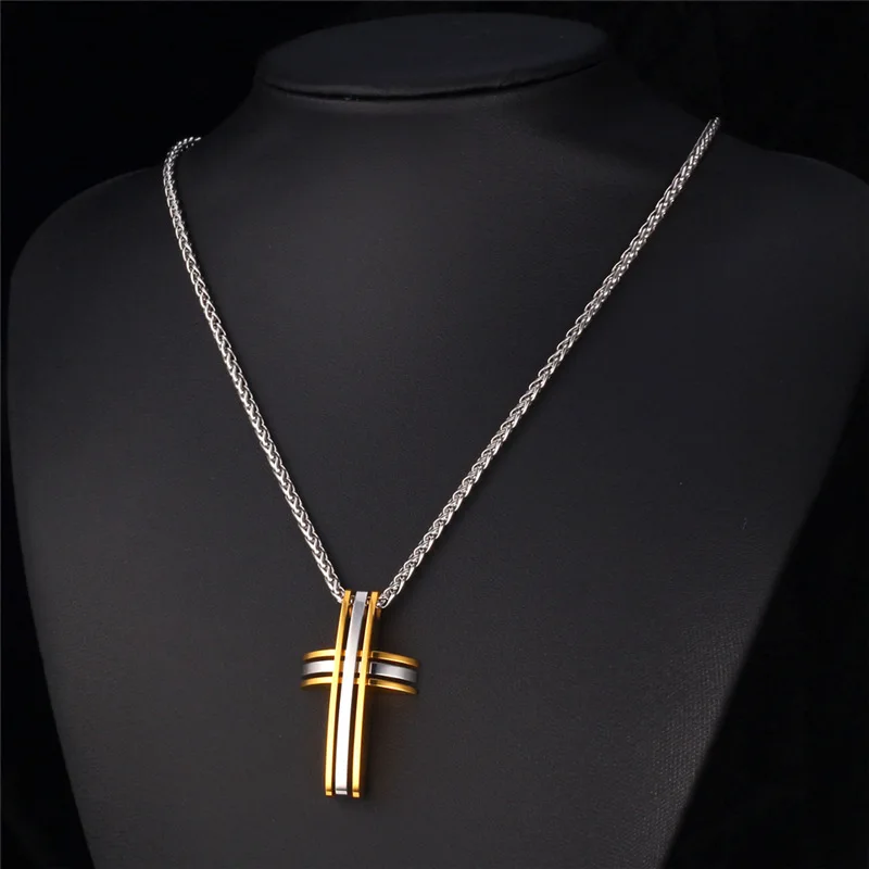 Двухцветное ожерелье с подвеской-крестом для мужчин 55 см Модная бижутерия в