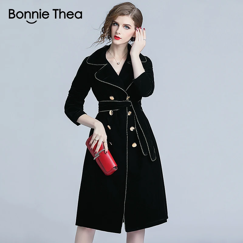 Bonnie Thea зимние черные бархатные пальто и куртки Женская Осенняя длинная куртка