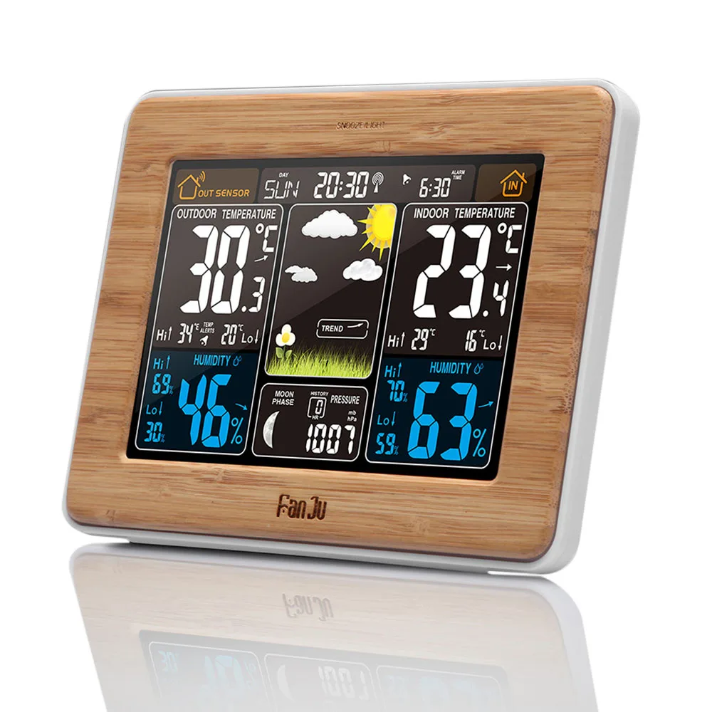 Bamboo-EU Plug FanJu FJ3365 EU/US Plug Метеостанция Многофункциональные цифровые часы температура влажность Луна фаза настольный ЖК-будильник - Цвет: Bamboo-EU Plug
