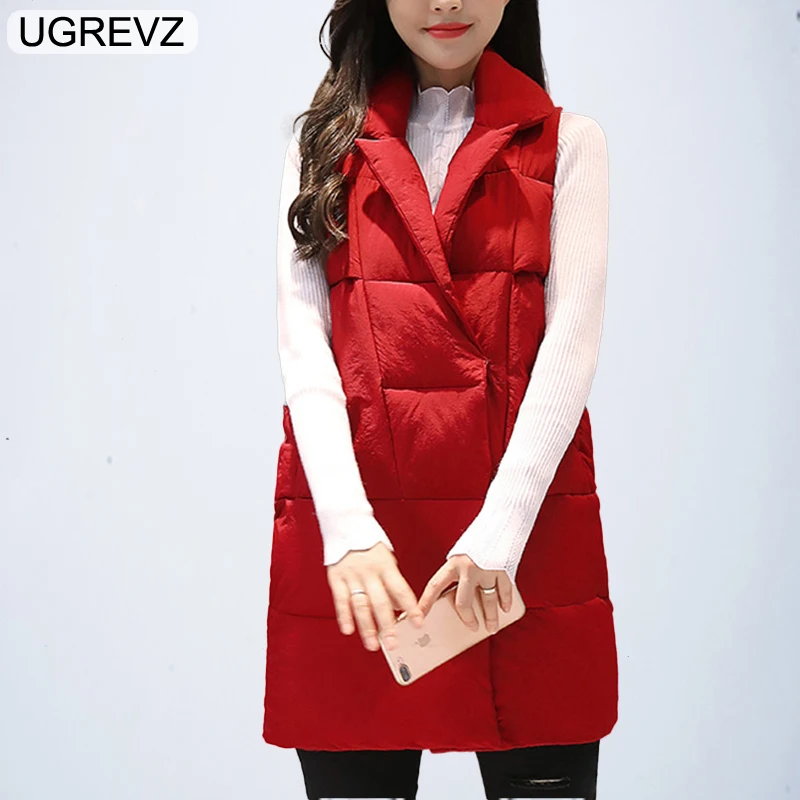 UGREVZ Black New Arrival 2018 Women Winter Vest Long Jacket Sleeveless Hooded Down Cotton Slim Waistcoat Warm | Женская одежда