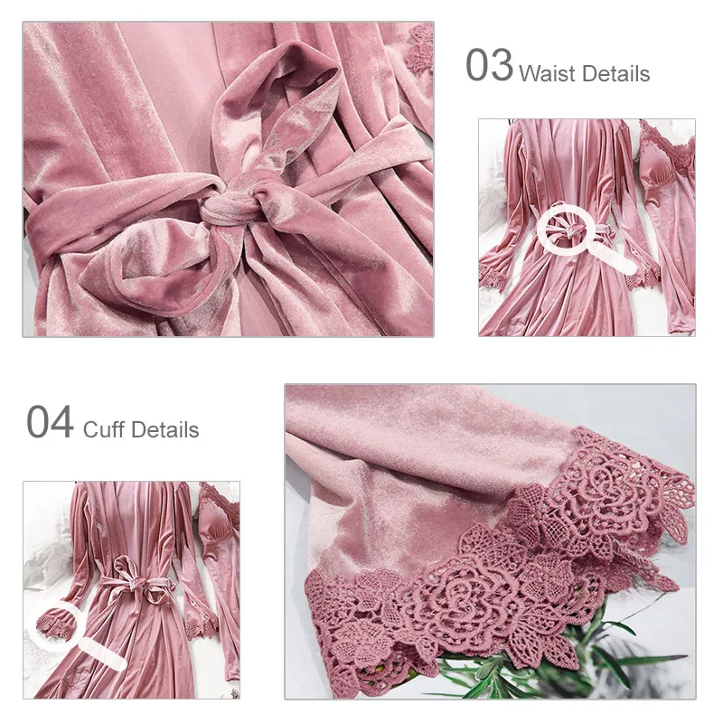 LLYGE, Женский бархатный осенний халат, рубашки, штаны, 4 штуки, пижамный комплект,, женская модная одежда для сна, женская ночная рубашка с бантом и оборками, костюм