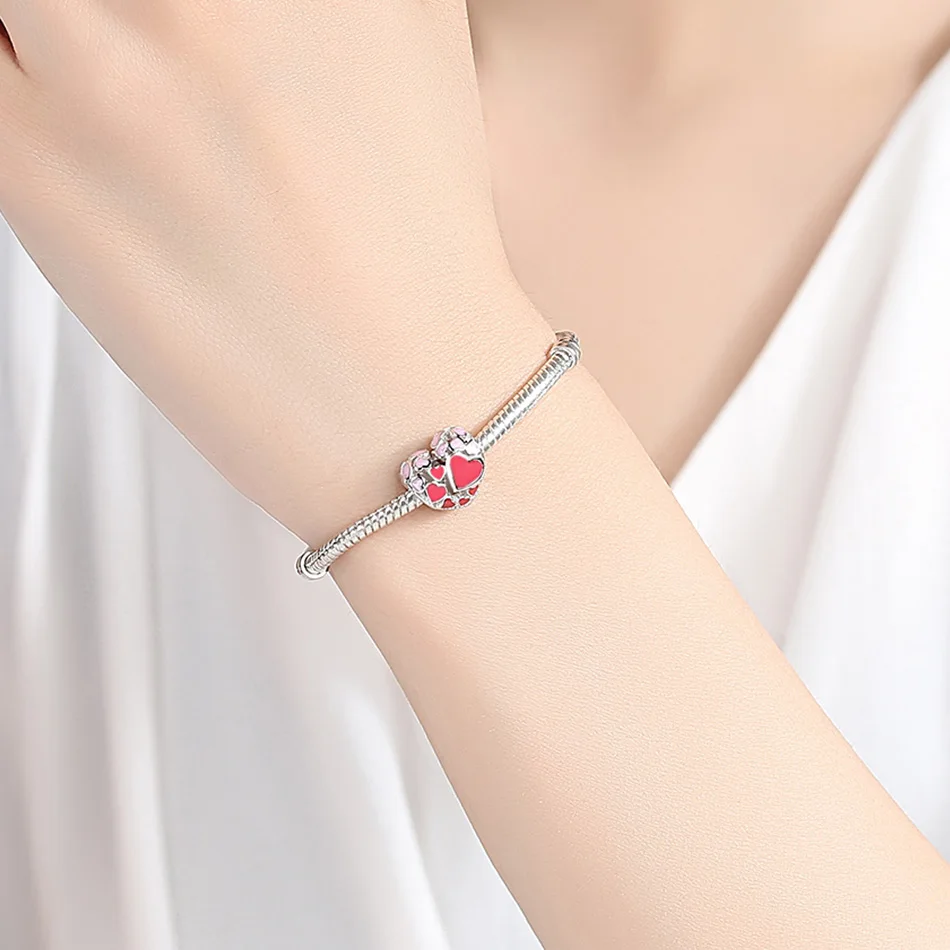 FOREWE 925 пробы серебряные красные розовые эмалированные бусины в форме сердца