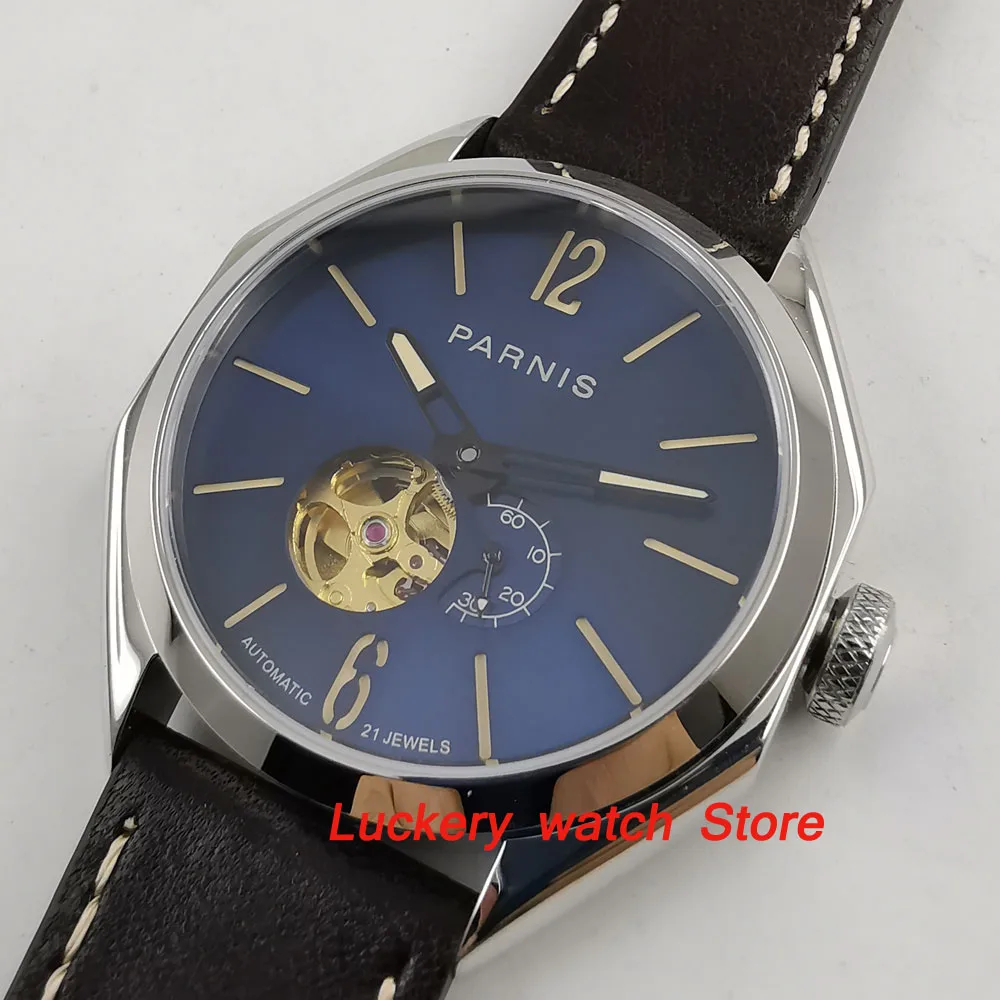 Parnis 43 мм полированный восьмиугольный чехол с полым синим циферблатом сапфировое